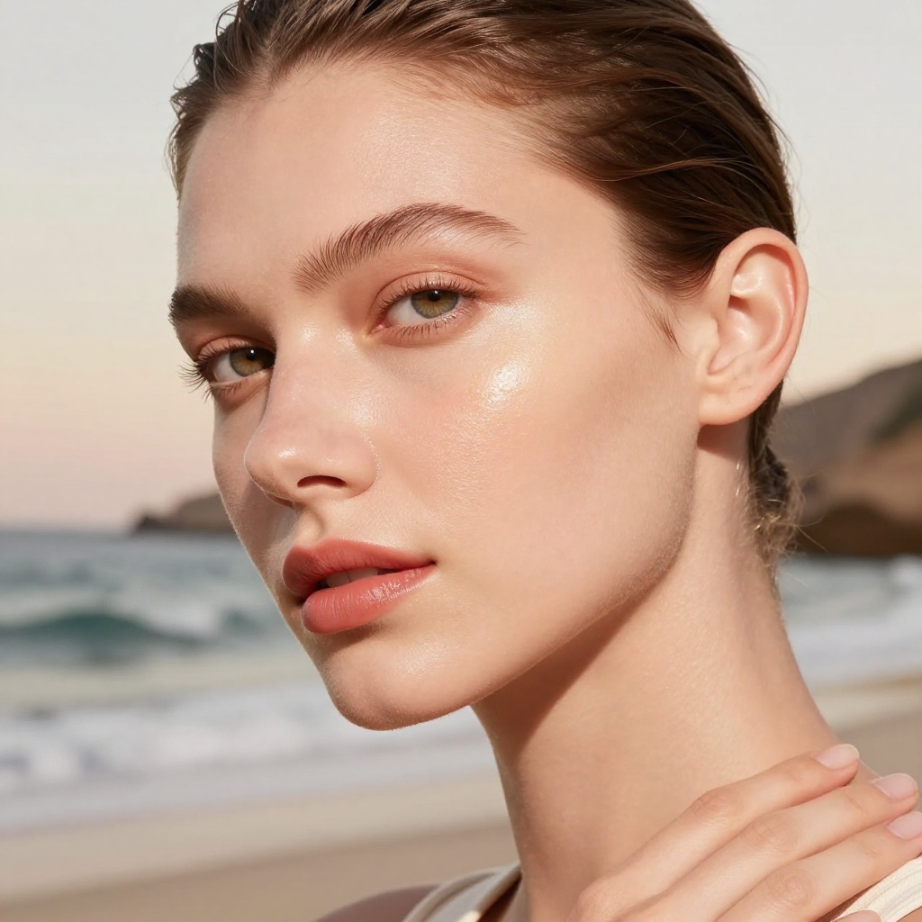 AI generated: High-end summer skincare campaign, golden hour coastal light, dewy skin close-up, muted coral and ivory palette, Vogue editorial aesthetic