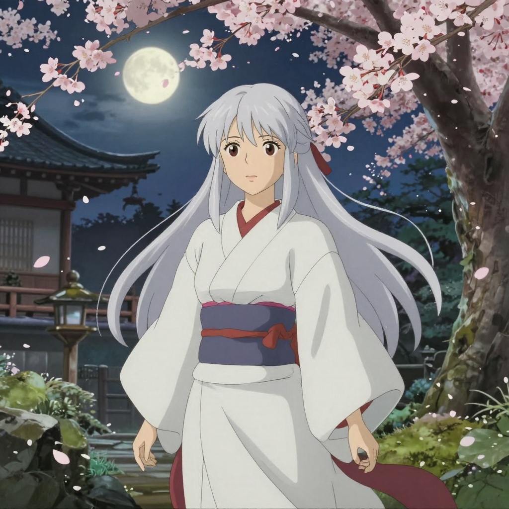 AI generated: Anime girl, silver hair, shrine maiden robes, moonlit ancient Japanese garden, cherry blossoms falling, Studio Ghibli lighting quality