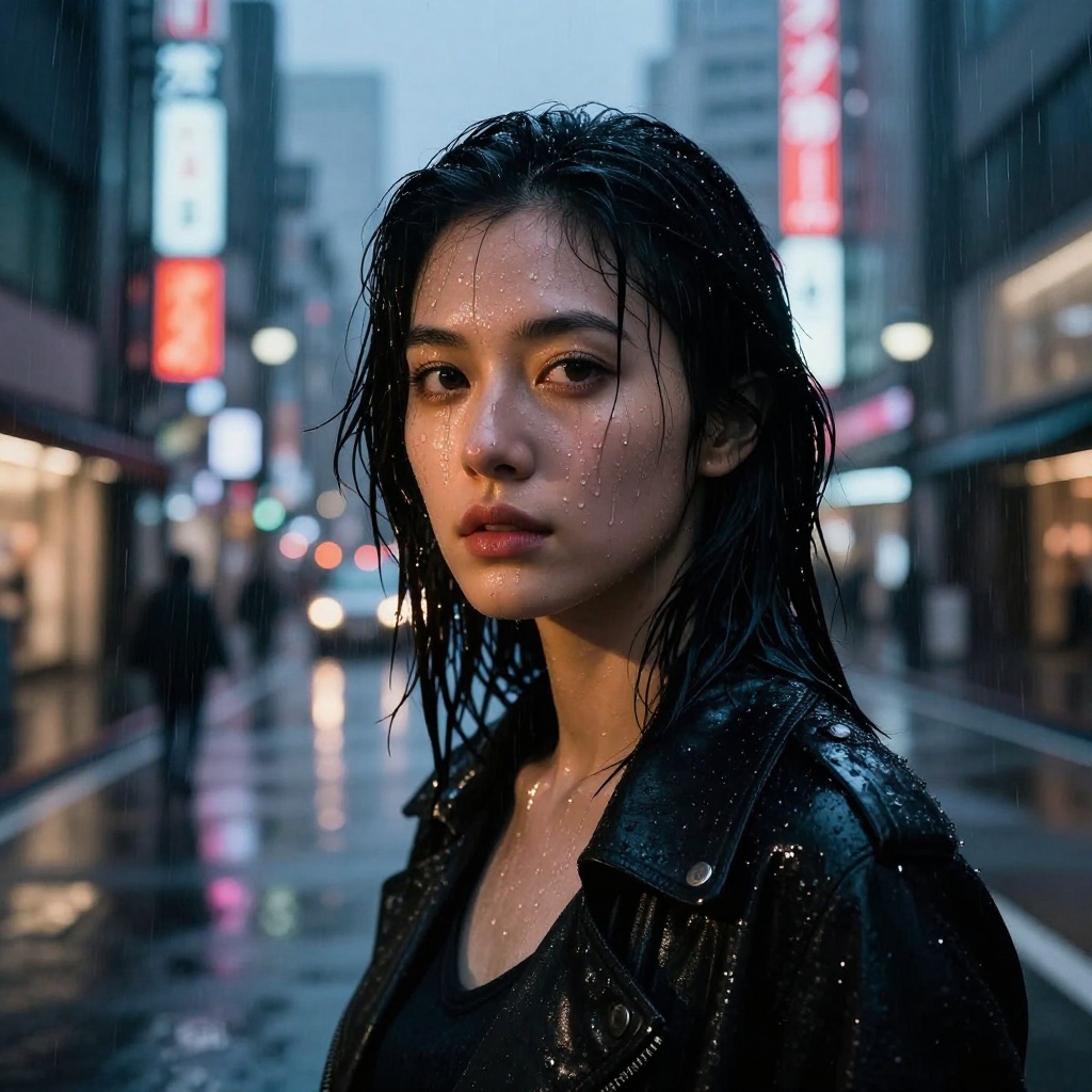 AI generated: Photorealistic portrait of a woman in Tokyo rain, neon reflections, cinematic lighting