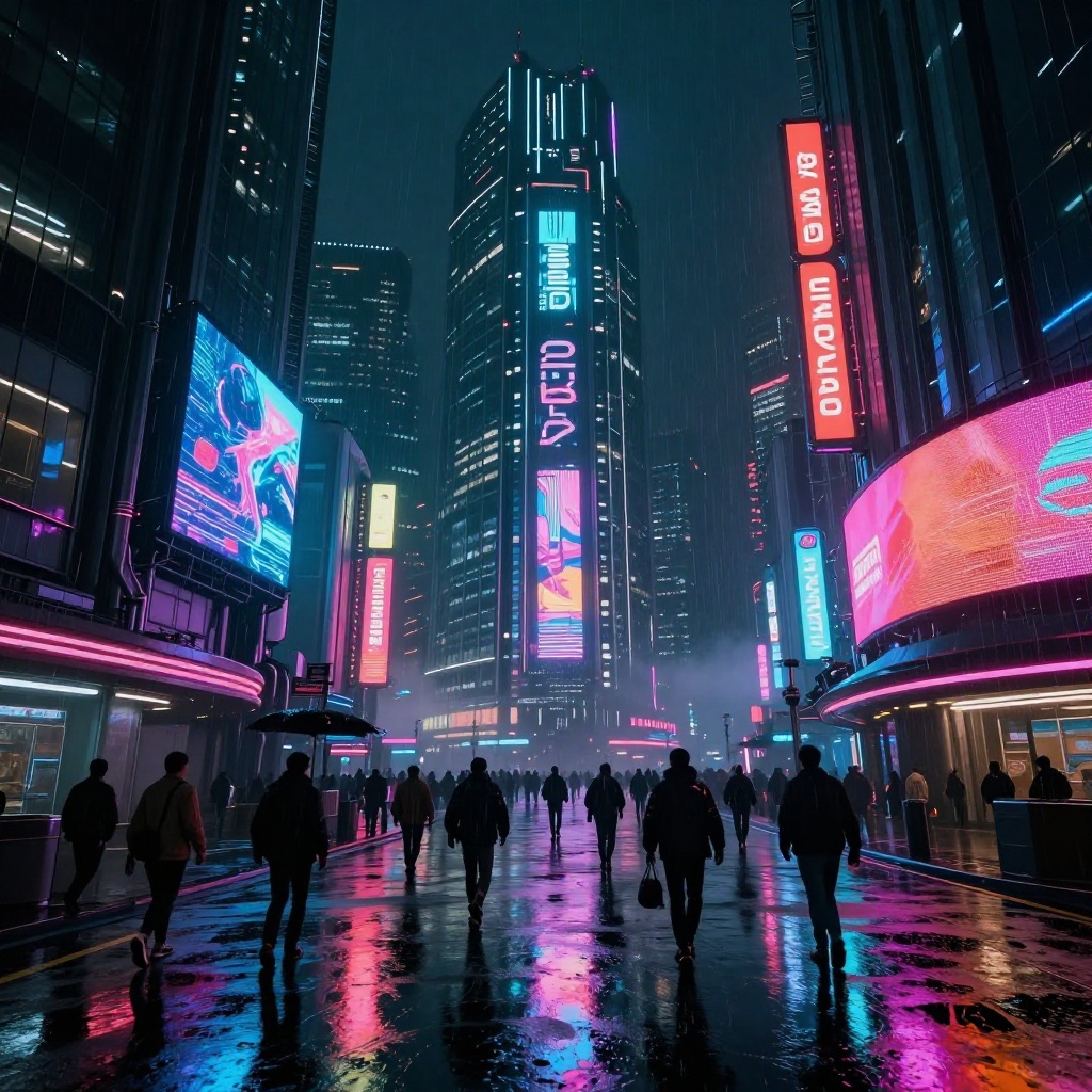 AI generated: Cyberpunk megacity 2080 at night, neon signs, rain-slicked streets, futuristic skyscrapers