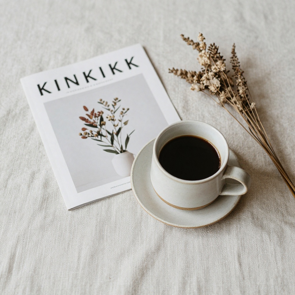 AI generated: Styled flat lay, linen tablecloth, artisan ceramic espresso cup, dried botanicals, morning side light, Kinfolk magazine aesthetic