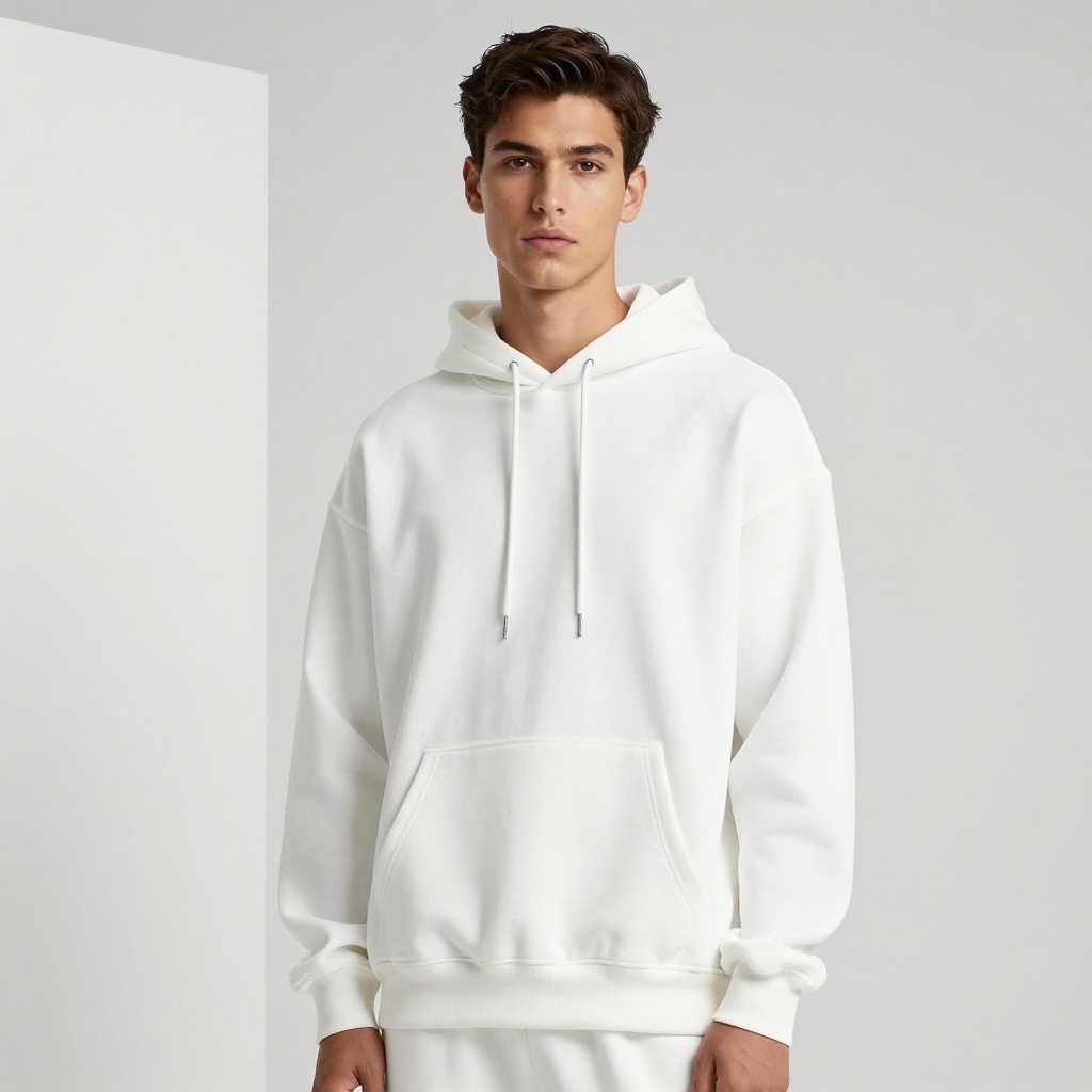AI generated: Male model wearing oversized white hoodie, minimalist white studio, fashion magazine editorial