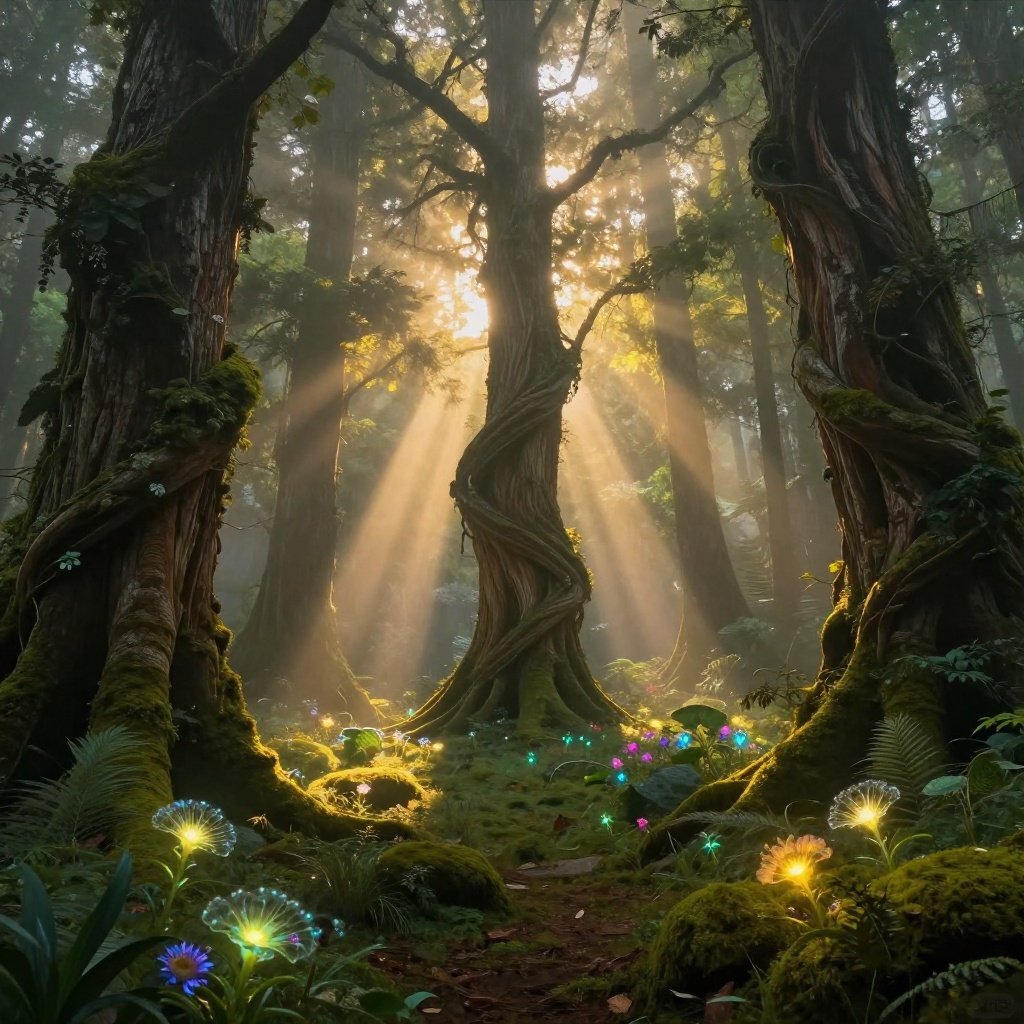 AI generated: Ancient forest spirit realm, cathedral-like trees, shafts of gold light through fog, moss and bioluminescent flowers, painterly fantasy realism