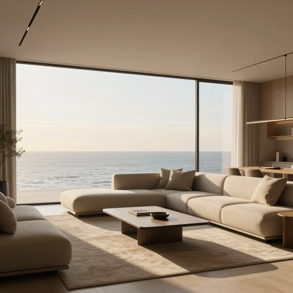 AI generated: Luxury minimalist living room, floor-to-ceiling windows, ocean view, warm afternoon light