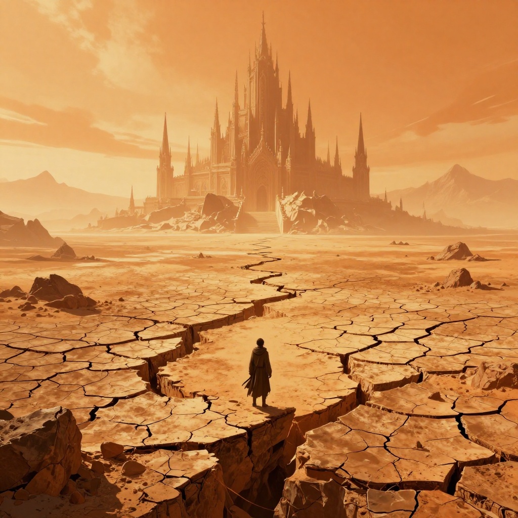 AI generated: High quality fantasy concept art in warm orange tones. An endless cracked wasteland stretches to the horizon, the ground like dried lakebed and desert mixed, covered in huge fissures and deep chasms. In the foreground a lone cloaked wanderer stands on the edge of a crack, seen from behind, looking toward the distance, very small against the landscape. Far away on a rocky rise stands a towering gothic castle / cathedral, filled with countless tall spires stabbing into the sky, intricate and imposing, both holy and ominous. The sky is hazy and bright, tinted with orange dust, with faint silhouettes of distant mountains. Strong leading lines from the ground fractures toward the castle, vast, epic, slightly apocalyptic mood.