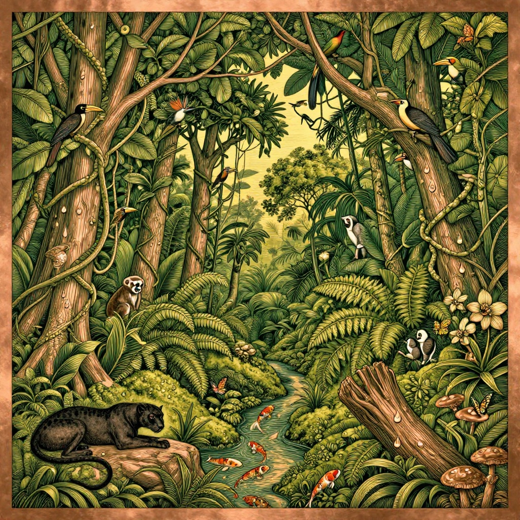 AI generated: Panoramic copper engraving line art of nature's creatures, 0.8mm thick lines outlining grand rainforest scene contours, 0.2mm ultra-fine lines meticulously engraving every detail, matte gilded texture of shallow copper plate engraving, emerald gilded haute couture tones, golden-ratio wide-format composition. Deep-perspective tropical rainforest: towering ancient trees blotting out the sky, hanging vines coiling around branches, ferns carpeting lichen-covered moss, birds-of-paradise in broad-leafed canopies, hornbills weaving through branches, colorful koi in forest streams, a black panther curled by rocks, lemurs climbing trees, epiphytic orchids on trunks, dewdrops on leaf veins, mushroom clusters on rotting wood, butterflies dancing through flowers, hummingbirds hovering to sip nectar. Master-level illustration, lines both crisp and flowing, feathers / leaf veins / scale textures as precise as jeweler's engraving, full brimming composition, lush vitality of rainforest symbiosis.